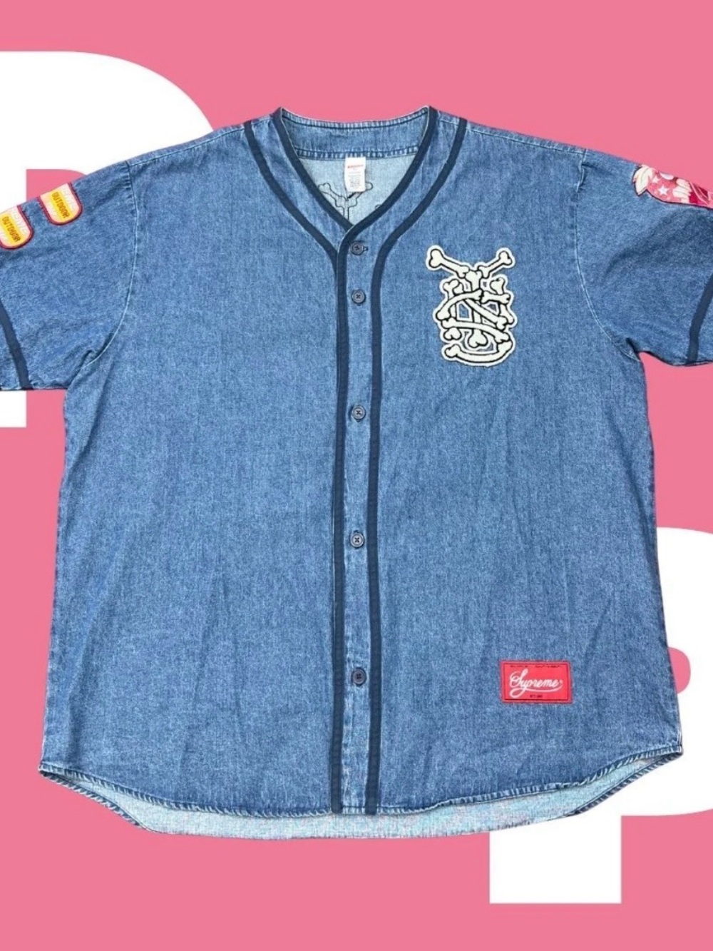 Supreme Patches Denim Baseball Jersey (X-Large)